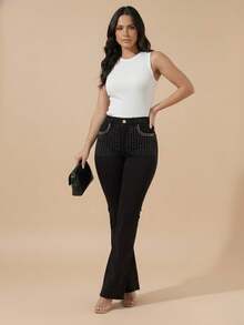 pthirillo Women's Black Flare Jeans With High-Waisted Butt-Lifting Effect And Rhinestone Detail. - 口袋水鑽 - 查看 10