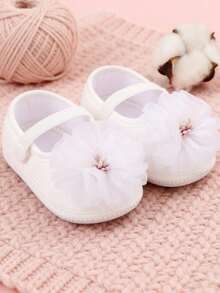 1 Pair Baby Girl Princess Shoes, Includes Strap, Newborn Floral Soft Sole Shoes, Ribbon Bow Tie, Breathable & Comfortable, Suitable For Infant Toddlers Indoor & Outdoor Wear - White - View 8