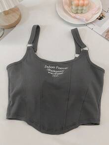 女士性感无袖刺绣露脐上衣，修身剪裁，甜美风格，适合夏季街头休闲穿着 - 灰色 - 查看 2