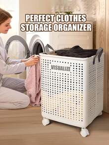 Laundry Basket Cart With Wheels, Foldable Laundry Basket, Large Capacity, Versatile Portable Dirty Laundry Basket, Removable Storage, Suitable For Bathroom, Bedroom Or Laundry Room, Laundry Basket - White - View 5