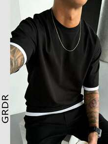 GRDR Men's Classic Faux Two-Piece Round Neck Short Sleeve T-Shirt, Fashion Minimalist Commuter Versatile - Black - View 1