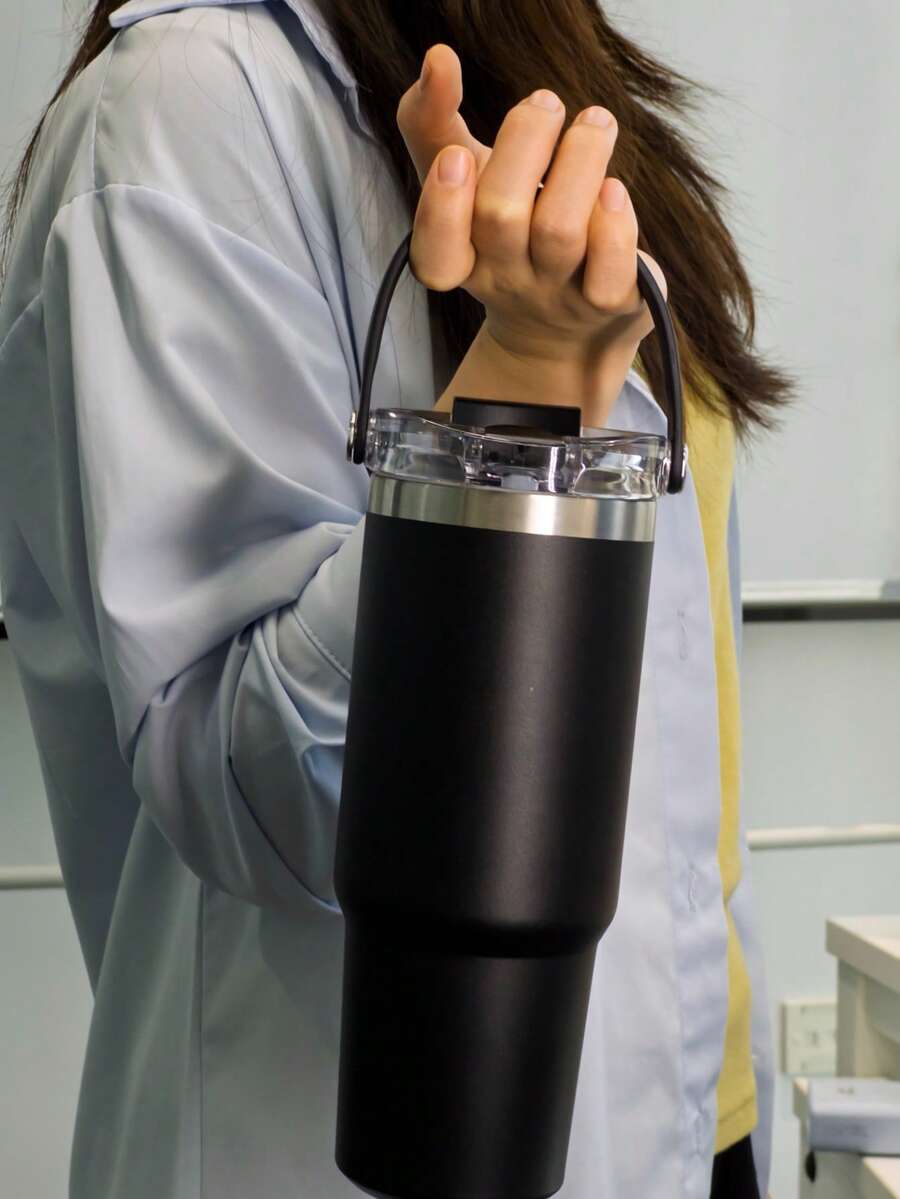 1pc 30oz Stylish Minimalist Stainless Steel Travel Mug With Straw & Lid, Multi-Colour Vacuum Insulated Tumbler, Keeps Hot 12H/Cold 24H, Holiday Essential, New Year Homeware, Creative Gift For Partners, Colleagues & Coffee Lovers. - Black - View 1