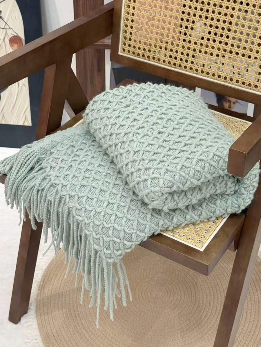舒适橙色针织毯，带荷叶边 - 柔软涤纶材质，四季皆宜，用途广泛，适合露营、沙发、日光浴和午睡，是露营必备 | 荷叶边毯 | 涤纶针织，露营毯 - 3D菱形薄荷綠 - 查看 1