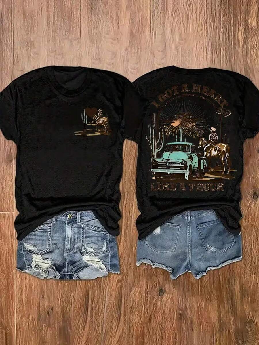 100% Cotton Western Graphic Two-Side Print T-Shirt/ Casual Women's Short Sleeve Top / Ladies' Clothing - Black - View 1