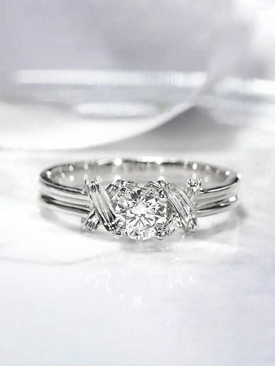 1枚精美立方氧化锆戒指，女士结婚纪念日珠宝礼物 - 銀色 - 查看 1