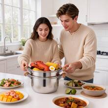 1/2-Tier Stainless Steel Steamer Pot, Multifunctional Stock Pot With Lid & Handle For Vegetables/Sauces/Food – Induction Compatible, Ideal For New Year Feasts - Silver Single Layer - View 7