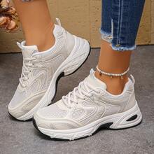 New Thick Sole Chunky Sneakers For Women, Spring Fashion Shoes, Breathable Lace-Up Minimalist Low-Top Casual Trainers - White - View 4