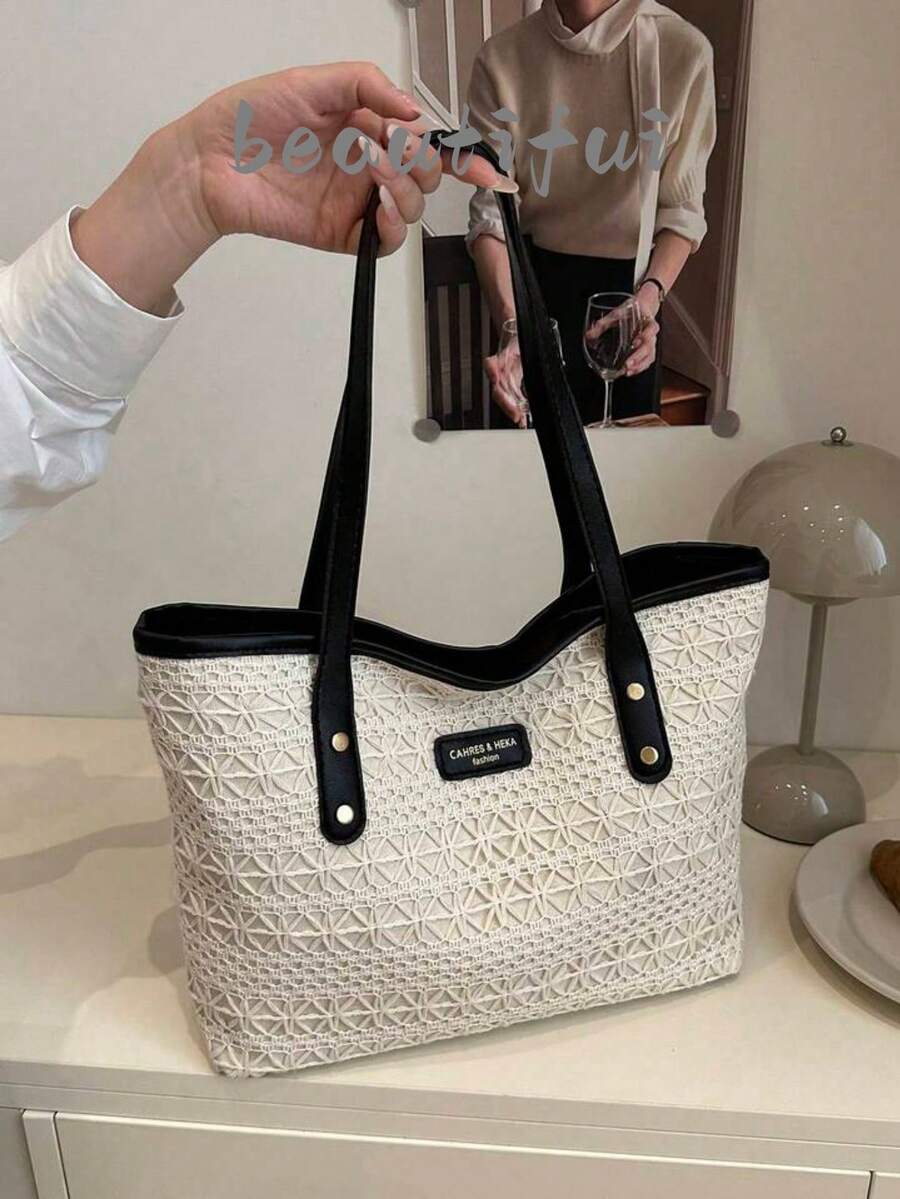 1pc Black Nylon Smooth Zipper Rivet Hollow Design Fashion Versatile Casual Summer New Personality Large Capacity One Shoulder Tote Bag, Suitable For Women's Daily Use - Black - View 1