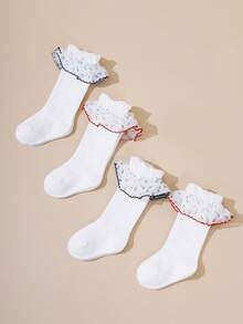 4 Pairs Girls' Lace Trim Dress Socks, Sweet Ballet Socks, Infant Socks - White - View 11