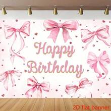 2D Flat Banner, Pink Bow Birthday Tapestry, Orange Background, Suitable For Bedroom, Living Room And Study Decoration. Easy To Install, Cute Style Home Wall Decor, Soft Texture. - Pink - View 4
