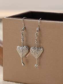 一对复古手工心形不对称叶子吊坠耳环，波西米亚风格，适合旅行、派对和日常佩戴 - 銀色 - 查看 4