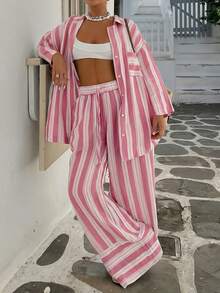 Bộ áo sơ mi kẻ sọc thắt nơ phía trước, túi trước, phong cách bohemian thanh lịch, thời trang mới, phù hợp cho bãi biển, khu nghỉ dưỡng, đường phố, sân bay, màu hồng xuân. - Hồng - Xem 1