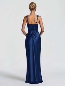 Elegant Satin Cinched Waist Bodycon Slip Dress, Long Gown For Halloween Party, Cocktail Party, Christmas Party - Navy Blue - View 2
