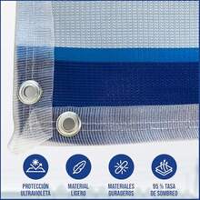 MPQ Mallas Sa Toldo Monofilamento 95-3.7x2m Azul con as - Cintas de Refuerzo y Ojillo - Protección UV Perfecto para Patios Jardín Coceras Exteres Vela-Reente al Sol y al Desgaste - Azulconrayas - Ver 4