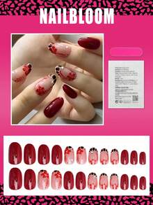 24片装短款椭圆形美甲贴片，新年酒红色花卉豹纹法式美甲，短款全覆盖亮面假指甲套装，包含：1片果冻胶和1个指甲锉，易于佩戴，日常美甲，法式美甲贴片，适合女性和女孩日常佩戴 - 彩色 - 查看 2