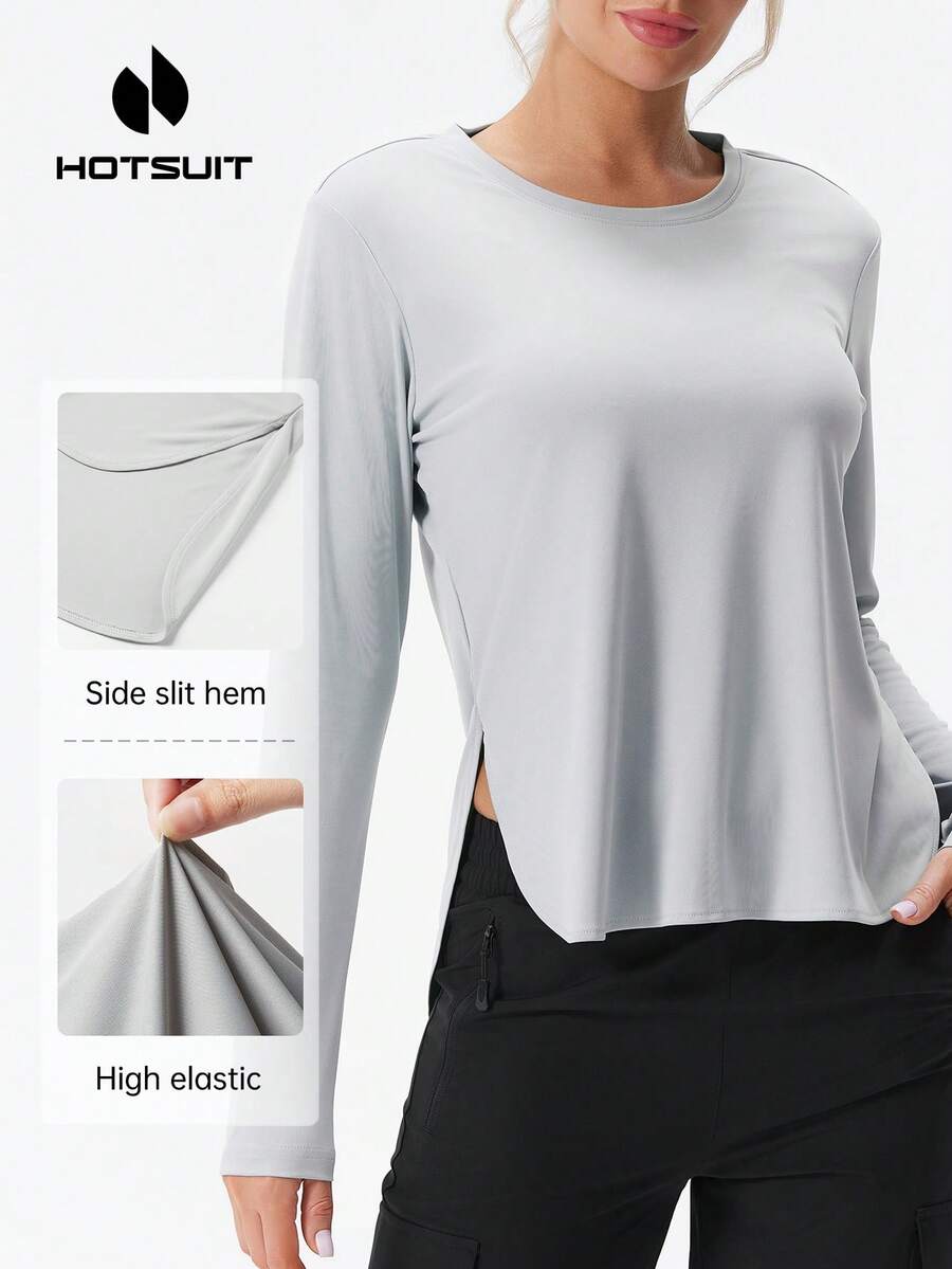 HOTSUIT Tricou ușor cu mânecă lungă pentru femei, pentru exterior, cu fante laterale, potrivit pentru sport, alergare, pescuit vara - Gri deschis - Vizualizare 1
