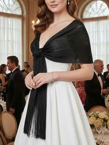 1PC Sparkling Metal Shawl Round Buckle Tassel Scarf, Suitable For Banquet Dresses And Wedding Parties, Lightweight And Breathable