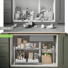Organizador Bajo Fregadero, Estante de Cocina Expandible de 2 Niveles con 2 Cestaíble, Adecuado para cocinas baños, etc.Anchura 78.5-88 Ajustable, Blanco - 2Niveles(2 cestas extraíbles) Blanco - Ver 5