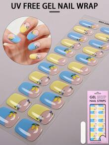 22pcs Blue & Yellow French UV Free Gel Nail Wraps, - Spring/Summer Blueberry Lemon Gel Nail Strips, - No UV Damage, Easy Application, Suitable For Women's Daily Work & Home DIY Nail Stickers Nails Nail Supplies - Yellow - View 2