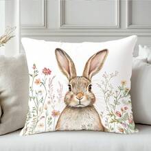 1pc Spring Easter Bunny In Floral Decorative Pillow Cover, Single-Sided Printed Peach Velvet Polyester, 45*45CM/18*18inch Cushion Cover For Room Decor, Modern Minimalist Sofa Living Room Decor Gift - Multicolor - View 4