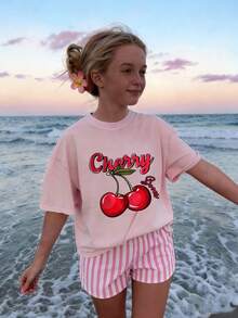 1件少女樱桃印花短袖T恤，学生儿童夏季上衣 - 粉色 - 查看 4