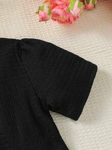 Purechapter 2pcs Girls Splice Contrast Color Jumpsuit With Metal Buckle Decor, Paired With Black Short Sleeve Cardigan, Suitable For Casual, Outdoor Activities - Black - View 4