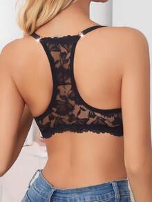 Women's Solid Color Comfortable Elegant Lace Patchwork Front Button Supportive Non-Sagging Backless Bra - Black - View 2