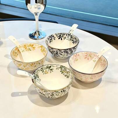 4.5-Inch Ceramic Bowl Set With Seasonal Floral Patterns, Bohemian Style, Suitable For Salad, Rice, Dessert, Soup, Fruit, Appetizer And Hot Pot, Dishwasher, Oven And Microwave , High-Quality Dinnerware