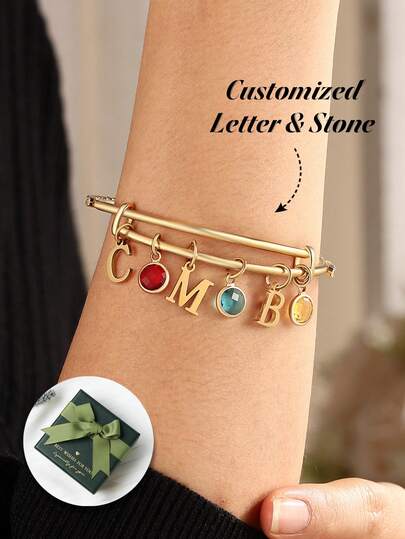 1pc Personalized Birthday Stone Bracelet, Customized First Letter Zirconia Bracelet, Customized Birthday Stone Jewelry For Girls, Minimalist Name Charm Bracelet, Gift For Mother And Daughter Sisters' Best Friends, Mother's Day, Valentine's Day, Birthday Anniversary, Graduation Christmas Family Souvenir