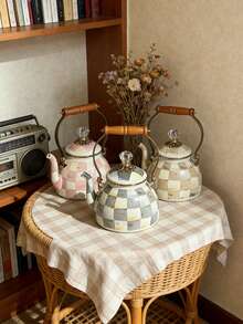 1pc Vintage Classic Plaid Wooden Handle Enamel Teapot, Cup, Large Capacity Straight Canister With Lid, Nordic Style Diamond Lid Large Capacity Kettle, Multipurpose High Temperature Resistant Kettle, Coffee Pot, Milk Tea Pot, Fruit Tea Pot, Unbreakable And Non-Stick Oil Pot, Back To School Supplies - Plaid - View 9