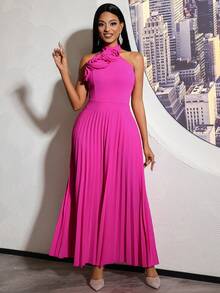 Women Elegant Fuchsia Halter Neck Pleated Maxi Dress With 3D Rose Back Tie Party Gown Wedding Guest Valentine's Day - Hot Pink - View 1