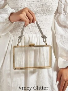 European & American Fashion Box-Shaped Clutch Bag, Transparent Acrylic Handbag, Shoulder Bag With Chain Strap, Suitable For Phone, Lipstick, Party, Versatile - Clear - View 1