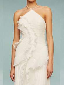 Women Ruffle Hem Pleated Sheer Mesh Long Maxi Dress Sleeveless Halter Neck Irregular Tiered Flowy Long Maxi Dresses For Wedding Guest Summer Holiday Beachwear - 象牙白 - 查看 4