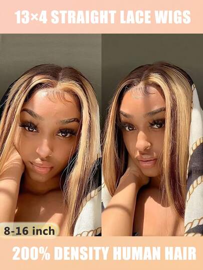 200% 密度，完美日常佩戴，基础款女士蓬松假发，女士短款棕色渐变波波头假发，短直波波头假发 #4/27 13x4 透明蕾丝前假发，短直波波头假发，蕾丝前假发，适合日常佩戴和角色扮演，短直波波头假发，预拔毛渐变挑染假发，直发假发，带婴儿发的短款棕色渐变波波头假发，假发纹理