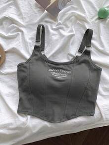 女士性感无袖刺绣露脐上衣，修身剪裁，甜美风格，适合夏季街头休闲穿着 - 灰色 - 查看 4