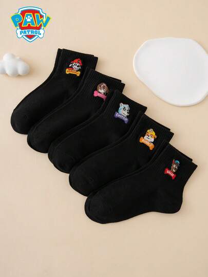  5 Pairs Of Embroidered Paw Patrol Series Archie Plush Daily Little Gravel Letter Stripe Pattern Fun Cartoon-Style Children's Socks, Mid-Calf Socks, Sports Socks, Four Seasons Style, European Size, Comfortable, Breathable, , Rich In Colors, Suitable For Daily Wear, High-Quality Fabric, Does Not Cause Foot Discomfort
