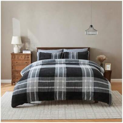 GC GAVENO CAVAILIA Fleece Bedding King Size Duvet Set - Faux Fur Teddy Duvet Cover With Pillow Cases - Warm Soft Geometric Bedding And Linen - Breathable Fluffy Quilt Covers - 230x220 Charcoal/Grey