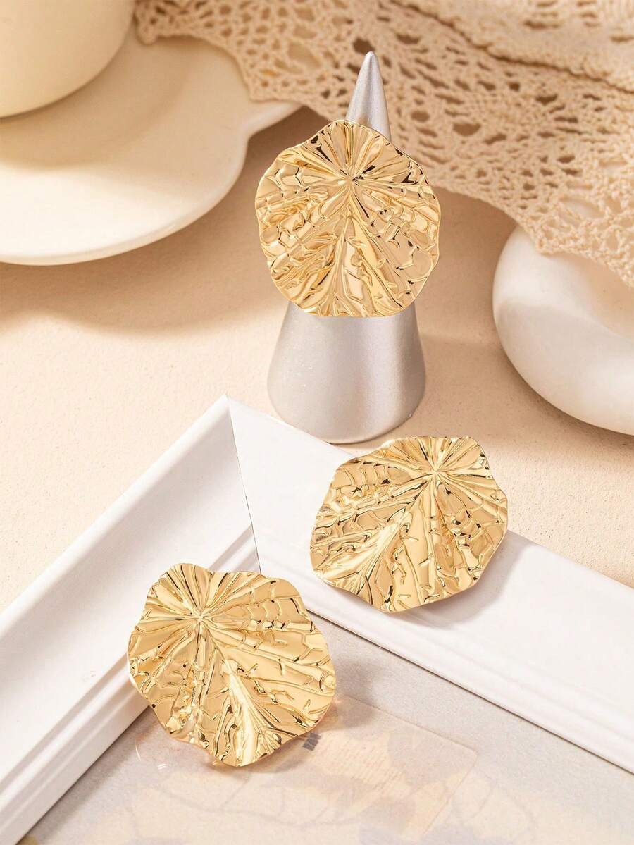 3pcs/Set Fashionable Punk Style Metal Crinkle Pendant Jewelry Set, Suitable For Teenage Girls Daily Wear (Ring, Earrings) - Yellow Gold - View 1