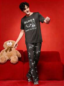 男士印花短袖睡衣套装，夏季家居服 - 黑色 - 查看 4