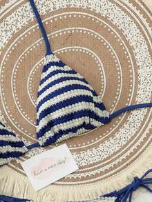 Bộ bikini 3 mảnh gợi cảm mới năm 2026 dành cho nữ, chất liệu vải kẻ sọc phối màu, thích hợp cho mùa xuân/hè đi biển, hồ bơi, tiệc tùng, hẹn hò và nghỉ dưỡng. - Xanh và trắng - Xem 4