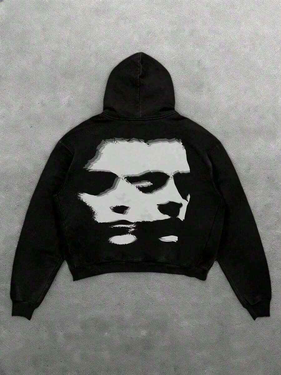 250g Polyester Fiber Men's Hooded Sweatshirt With Long Sleeved ,Face Pattern Print, Fashionable And Loose Casual Fleece Sweatshirt Suitable For Autumn And Winter Wear On The Street - Đen 4 - Xem 1
