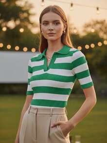Women's Casual Striped Rib-Knit Polo T-Shirt Regular Fit Short Sleeve High Stretch Fabric Top - Green - View 3