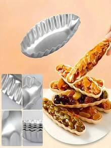 1个/2个/4个铝制船形挞模，铝制迷你挞盘，蛋挞模具，花边，菊花船形模具，不粘迷你派盘，布丁模具，小巧船形挞盘，波浪花铝制烘焙工具，可重复使用的甜点托盘，烘焙工具，厨房小工具 - 銀色 - 查看 2