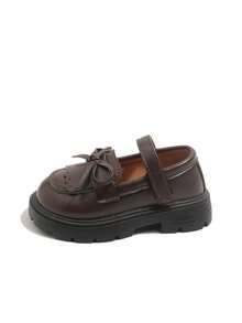 Girls' Flat Shoes With Bow Tie, British Style Leather Shoes - Brown - View 10