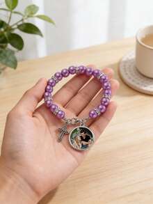 1件个性化串珠手链，可定制照片，配十字架吊坠，优雅个性化配饰，男女皆宜，生日、情人节、母亲节等独特个性化礼物 - 彩色 - 查看 5