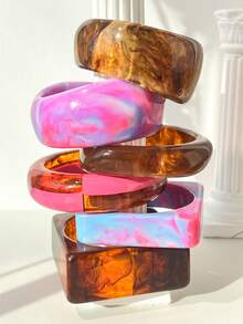 1pc Retro Amber Texture Tie Dye Acrylic Wide Bracelet, Pink & Blue Gradient, Exaggerated Design Suitable For Music Festivals, Parties, Holidays, Layering - Multicolor - View 1