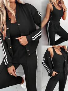 ChicMe Bộ 3 món dành cho nữ: áo tank top không tay kẻ sọc, áo khoác cài nút phía trước và quần short, trang phục thể thao thường ngày thời trang. - Đen và Trắng - Xem 4