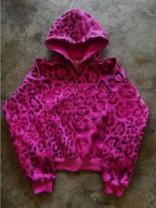 Nuevo suéter tipo cardigan con capucha y estampado de leopardo, estilo europeo y americano, de otoño e invierno, holgado y casual, con pantalones de pierna ancha - Rosa Fucsia - Ver 1