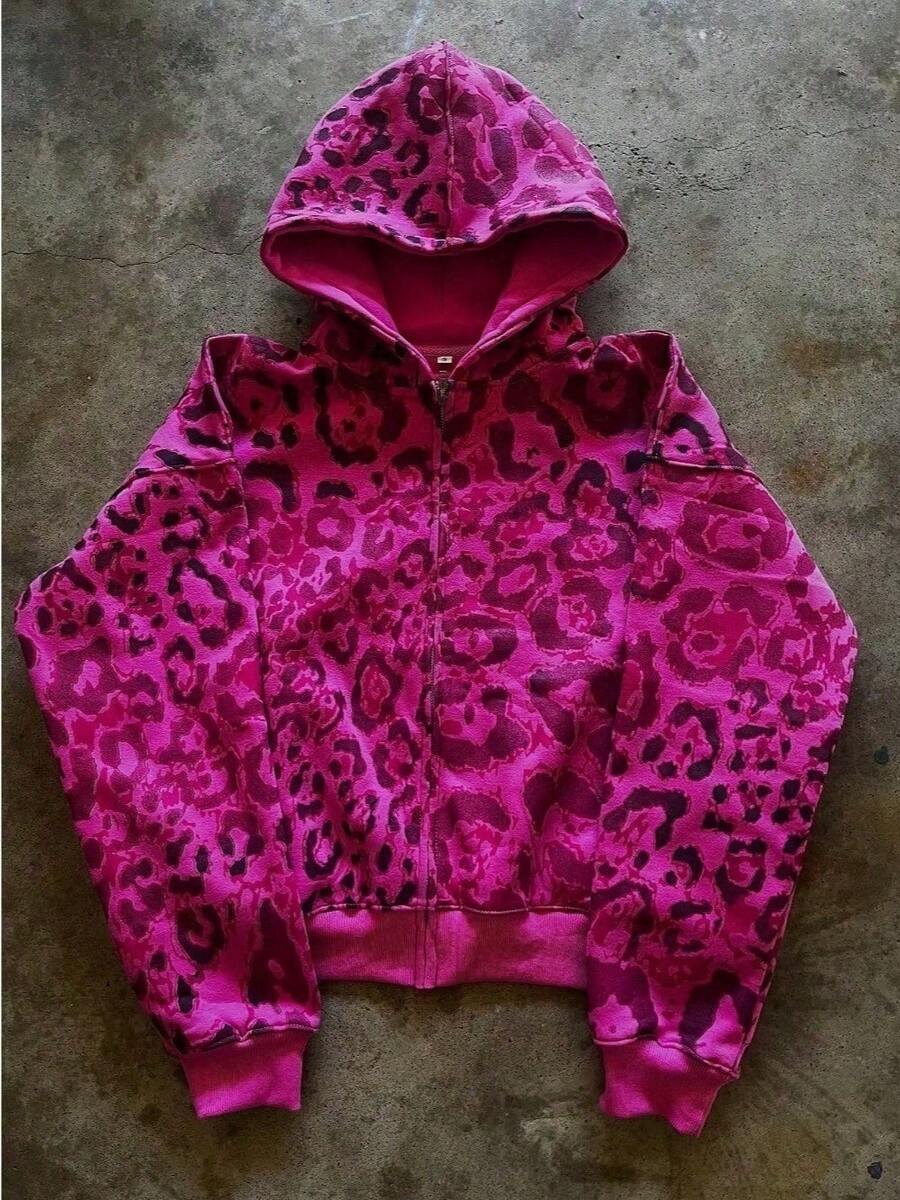 Nuevo suéter tipo cardigan con capucha y estampado de leopardo, estilo europeo y americano, de otoño e invierno, holgado y casual, con pantalones de pierna ancha - Rosa Fucsia - Ver 1