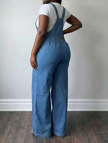 Women's High Waist Adjustable Strap Wide Leg Denim Overalls, Slimming Loose Fit Bib Pants - Medium Wash - View 2